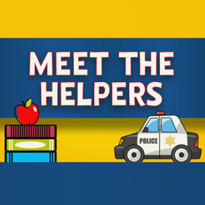cartoon graphic of police car and schoolbooks reading "Meet the Helpers"